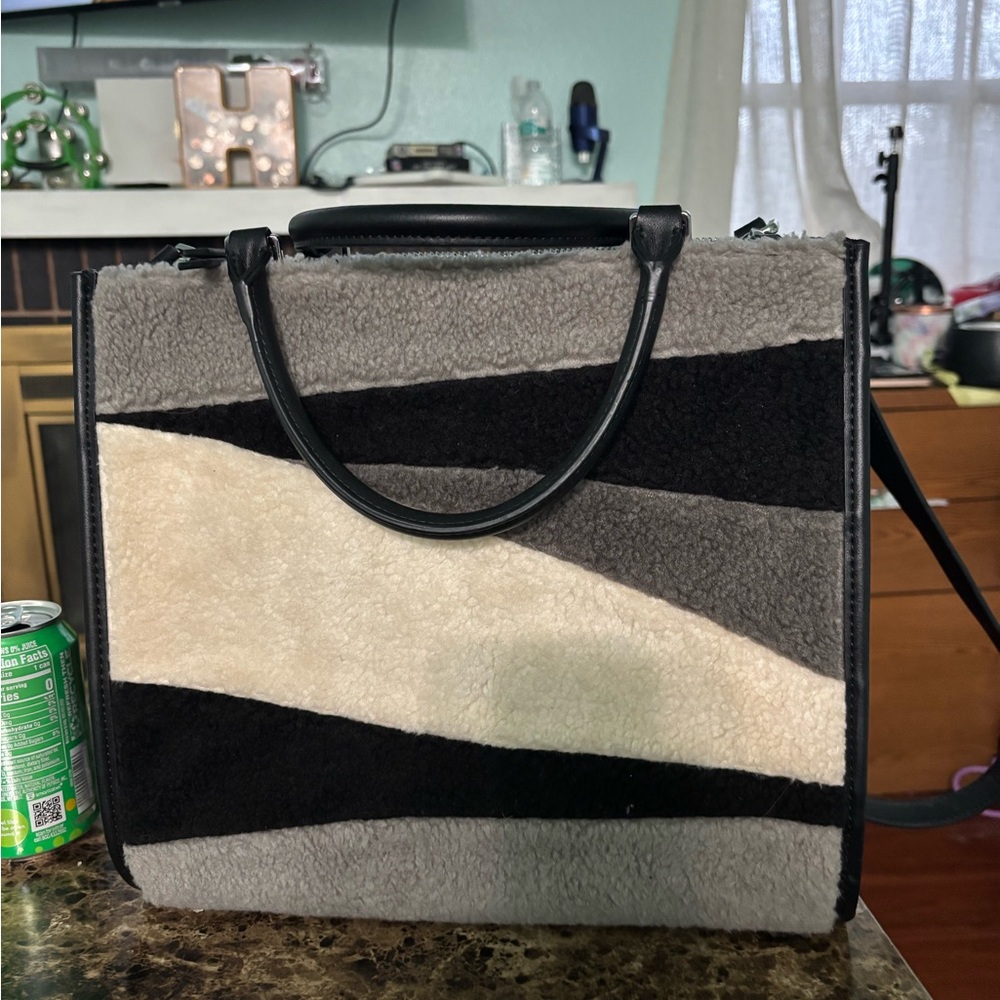 Calvin Klein Black and Gray Shearling Tote